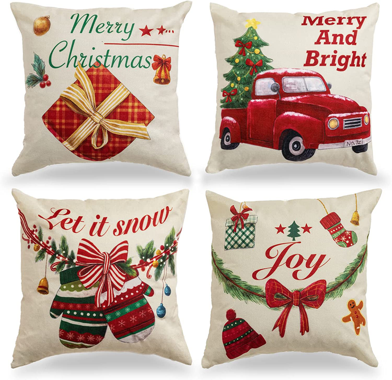 Hogardeck Christmas Pillow Covers 18×18, Bowknot, Gift Box, Gloves Throw Pillow Covers, Merry Bright Farmhouse Christmas Decorations, Xmas Cushion Cases Home Decor Home & Garden > Decor > Chair & Sofa Cushions hogardeck   