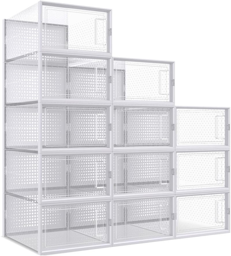 Tegrace 12 Pack Shoe Storage Boxes, Clear Plastic Stackable Shoe Organizer Bins, Space Saving Drawer Type Front Opening Shoe Holder Containers Furniture > Cabinets & Storage > Armoires & Wardrobes Tegrace 12  