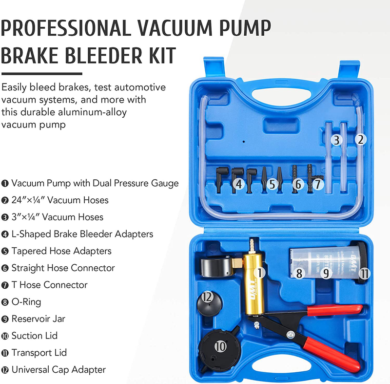 Orion Motor Tech Brake Bleeder Kit with Hand Vacuum Pump and Adapters | Brake Bleeding Kit for Brake Fluid Power Steering Fluid More | Vacuum Brake Bleeder Pump with Pressure Gauge, Case, and Gloves