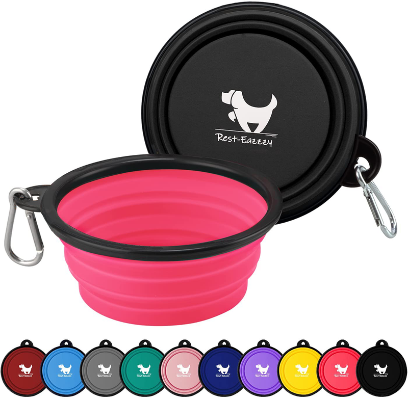 Rest-Eazzzy Expandable Dog Bowls for Travel, 2-Pack Dog Portable Water Bowl for Dogs Cats Pet Foldable Feeding Watering Dish for Traveling Camping Walking with 2 Carabiners, BPA Free  Rest-Eazzzy Peach Pink&Black S 
