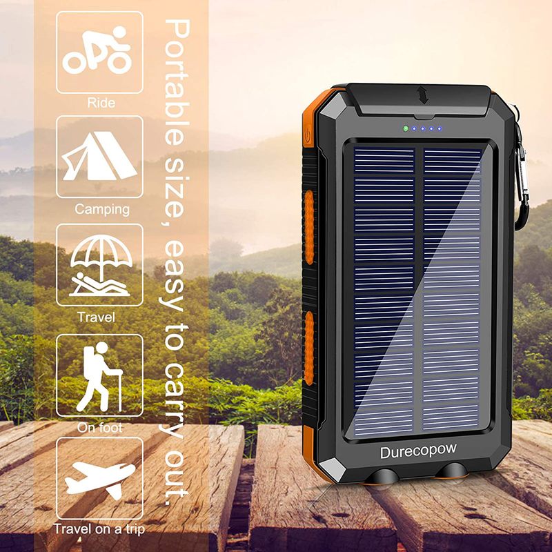 Solar Charger, Durecopow 20000mAh Portable Outdoor Waterproof Solar Power Bank, Camping External Backup Battery Pack Dual 5V USB Ports Output, 2 Led Light Flashlight with Compass (Orange)  Durecopow   