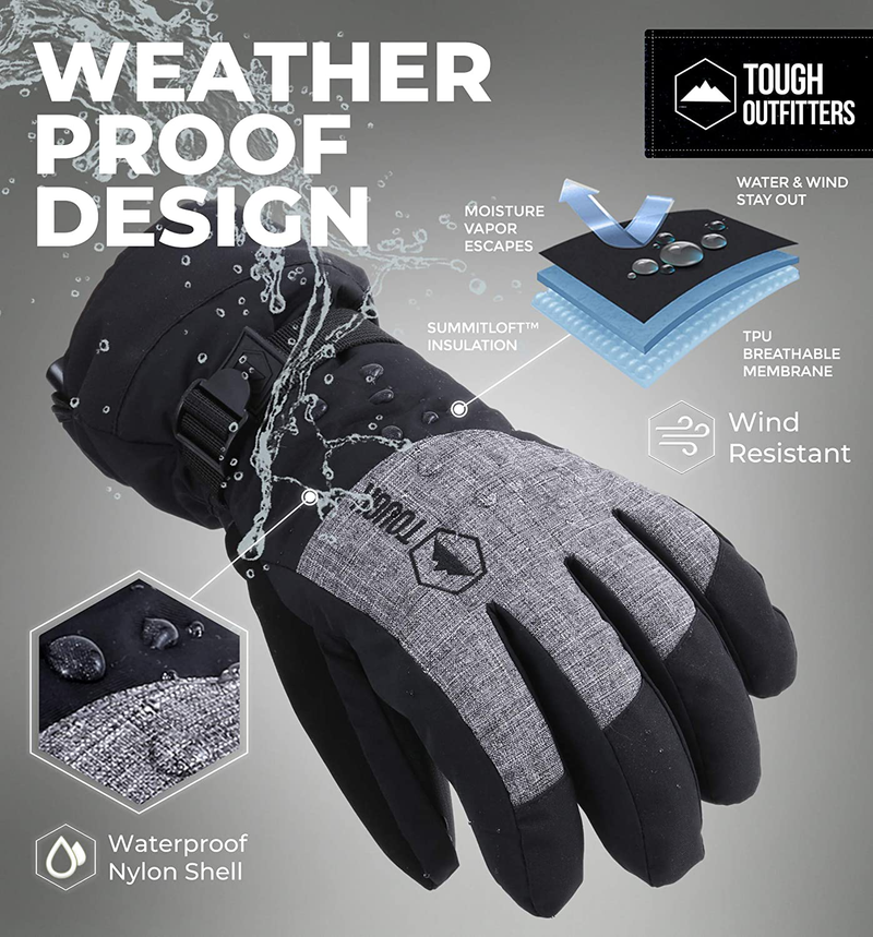 Ski & Snow Gloves - Waterproof & Windproof Winter Snowboard Gloves for Men & Women for Cold Weather Skiing & Snowboarding - With Wrist Leashes, Nylon Shell, Thermal Insulation & Synthetic Leather Palm  Tough Outdoors   