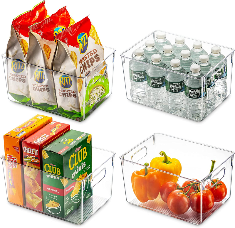 Set of 4 Clear Pantry Organizer Bins Household Plastic Food Storage Basket with Cutout Handles for Kitchen, Countertops, Cabinets, Refrigerator, Freezer, Bedrooms, Bathrooms - 11" Wide