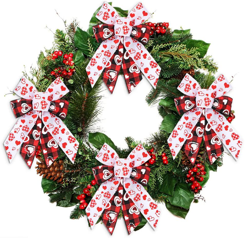 Threetols 4PCS Valentine'S Day Wreath Bows, Black and Red Rustic Buffalo Plaid Bows Wreath for Front Door Valentine Red White Heart Decoration Bows for Indoor Outdoor Holiday Wedding Party Ornament Home & Garden > Decor > Seasonal & Holiday Decorations Threetols   