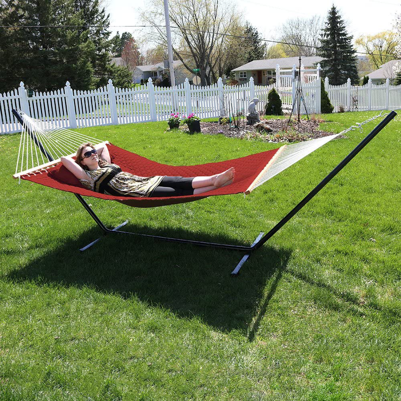 Sunnydaze 2-Person Freestanding Double Hammock with 12-Foot Stand and Spreader Bars, Quilted Designs Fabric, 400-Pound Capacity, Red