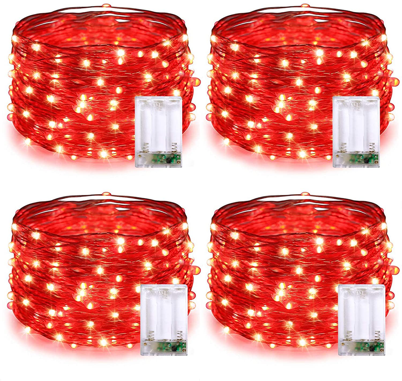 JMEXSUSS 4 Pack 50 LED Fairy Lights Battery Operated Silver Wire 16.1Ft Waterproof Red Twinkle Lights for Bedroom Party Gifts Wedding Valentine Christmas Birthday Indoor Outdoor Decoration Home & Garden > Decor > Seasonal & Holiday Decorations Linhai Exsuss Light&Decor Co.,Ltd. Red  