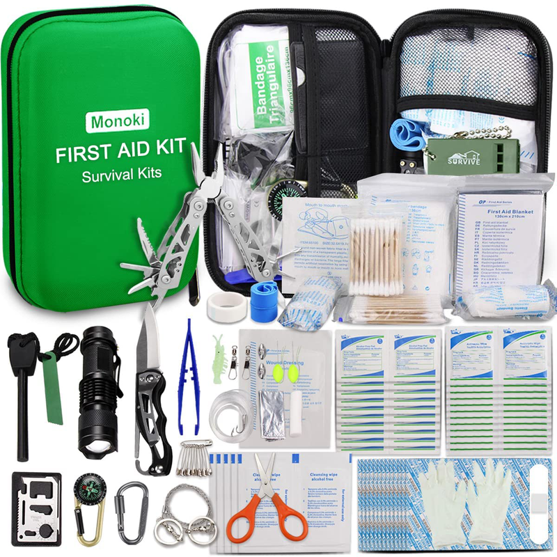 Monoki First Aid Kit Survival Kit, 241Pcs Upgraded Outdoor Emergency Survival Kit Gear - Medical Supplies Trauma Bag Safety First Aid Kit for Home Office Car Boat Camping Hiking Hunting Adventures Sporting Goods > Outdoor Recreation > Camping & Hiking > Camping Tools Monoki Green  