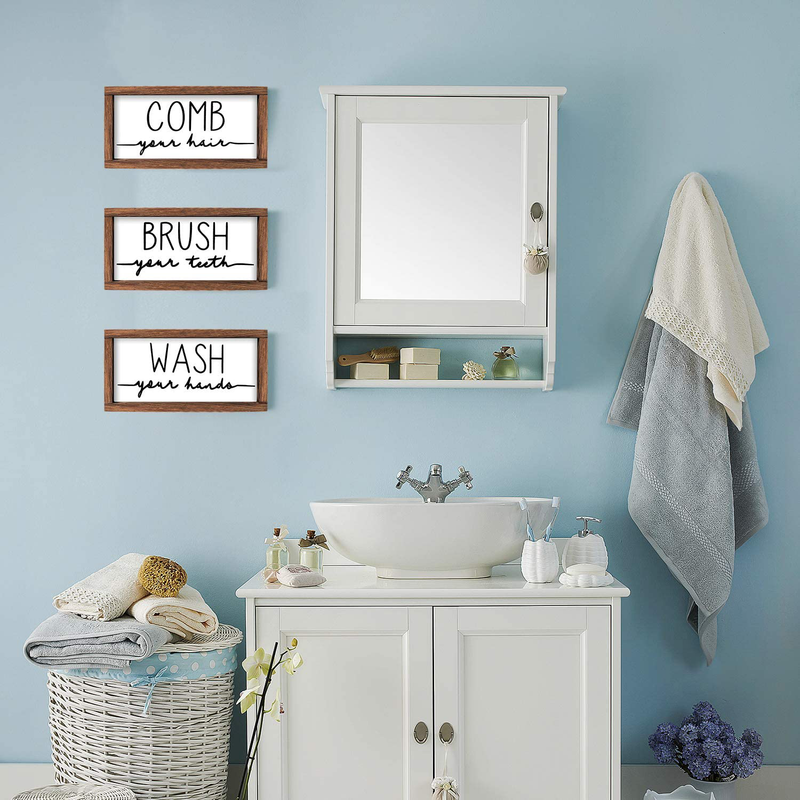 LIBWYS Bathroom Sign & Plaque (Set of 3) Wash Your Hands Brush Your Teeth Comb Your Hair Decorative Rustic Wood Farmhouse Bathroom Wall Decor (White) Home & Garden > Decor > Seasonal & Holiday Decorations LIBWYS   