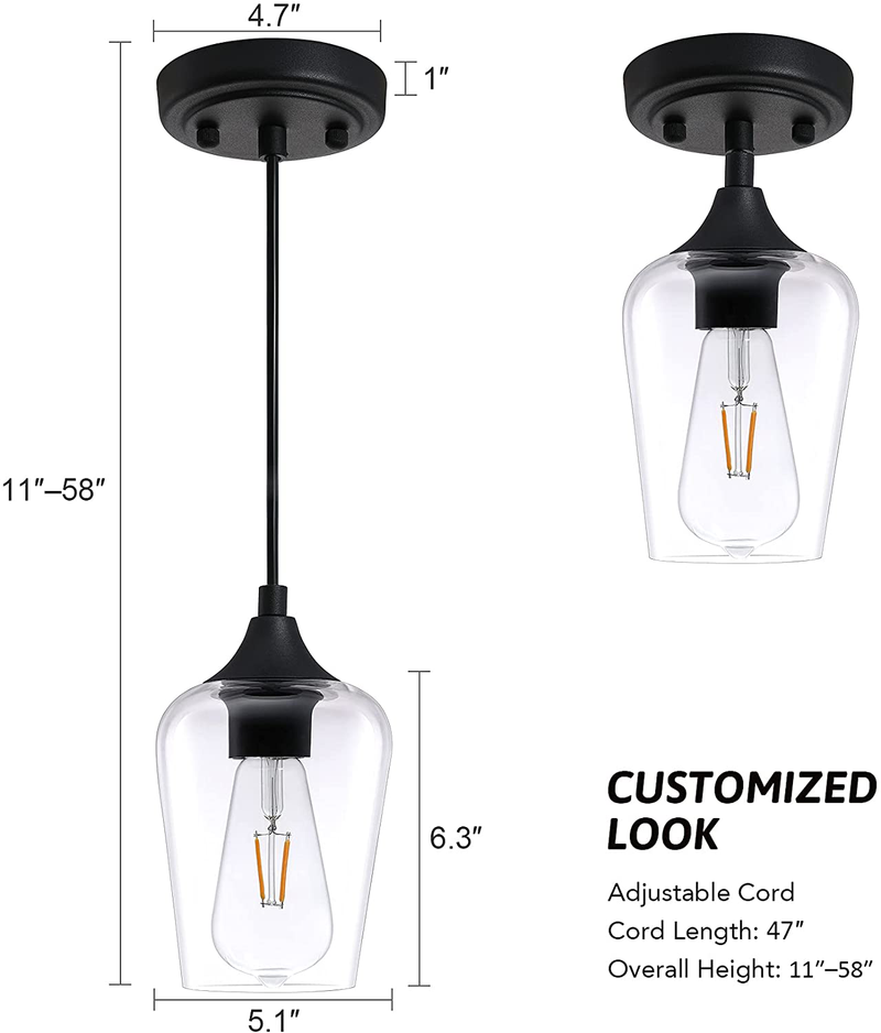 CO-Z Modern Industrial Small Glass Pendant Light, Hanging Farmhouse Ceiling Fixture, Black Metal Accents & Clear Glass Shade, Lighting for Kitchen Island, Dining Table, Bedroom & Hallway Home & Garden > Lighting > Lighting Fixtures CO-Z   