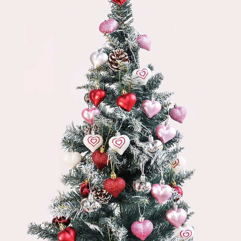 Ivenf Valentine'S Day Decorations Heart Shaped Ornaments,48 Pcs Red Pink Silver White Plastic Hanging Baubles, Tree Ball Heart Glitter Decor for Wedding Decorations Gift