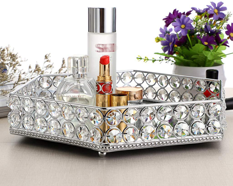 Hipiwe Mirrored Crystal Vanity Makeup Tray, Hexagon Ornate Jewelry Trinket Tray Cosmetic Organizer Perfume Tray Skin Care Tray for Dresser Bathroom,Christmas Birthday Gift for Girl Women, 11" 9.8"