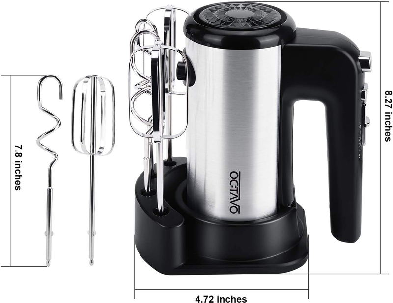OCTAVO Electric Hand Mixer,5-Speed Powerful Turbo function Handheld Mixer with Eject Function,Storage Base,300W and 4 Metal Accessories for Whipping Mixing Cookies, Brownies, Dough Batters (sliver)