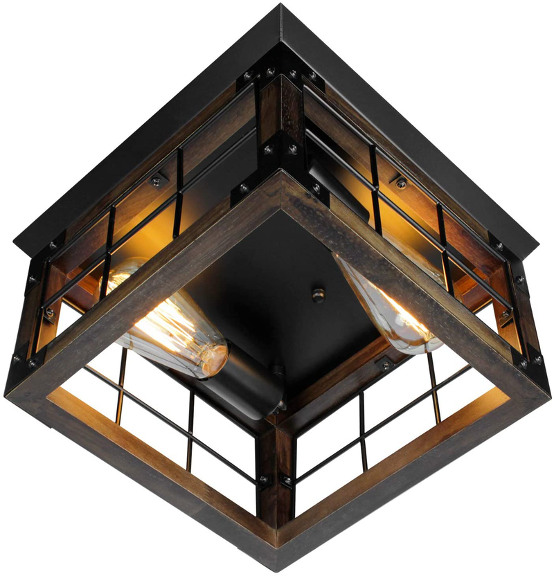 JHLBYL Farmhouse Wood Flush Mount Ceiling Light,Black Metal Rustic Close to Ceiling Lighting Industrial Square Wire Cage Ceiling Light Fixture with 2 E26 Bulb Socket for Farmhouse Kitchen Dining Room Home & Garden > Lighting > Lighting Fixtures > Ceiling Light Fixtures KOL DEALS   