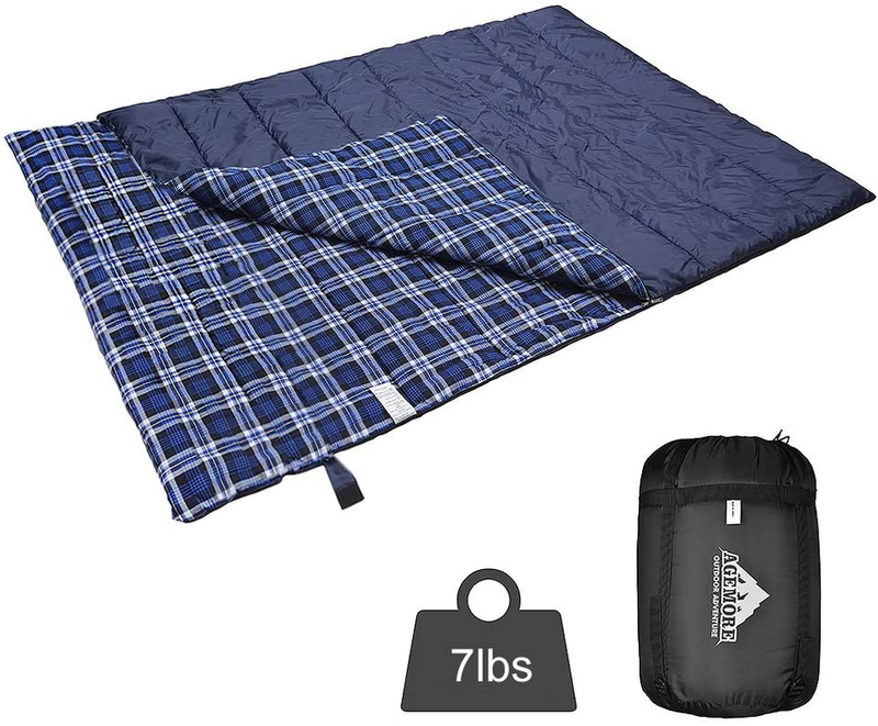 Cotton Flannel Double Sleeping Bag for Camping, Backpacking, or Hiking. Queen Size 2 Person Waterproof Sleeping Bag for Adults or Teens. Truck, Tent, or Sleeping Pad, Lightweight（Pillows NOT Include） Sporting Goods > Outdoor Recreation > Camping & Hiking > Sleeping Bags AGEMORE   