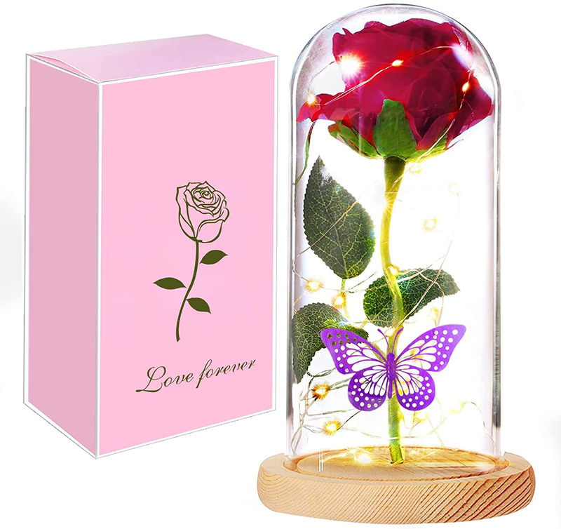 Igeekid Valentine'S Day Rose Gift for Her, Artificial Flower Red Silk Rose Warm Lights Butterfly Wooden Base Last Forever in Glass Dome Wedding Anniversary Valentines Gift for Women Girlfriend Wife Home & Garden > Decor > Seasonal & Holiday Decorations iGeeKid   
