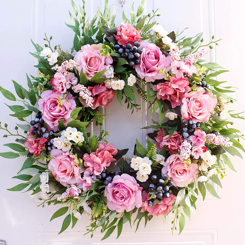 Dseap Wreath - 21”, Rose: Large Rustic Farmhouse Decorative Artificial Flower Wreath, Faux Floral Wreath for Front Door Window Wedding Outdoor Indoor - Round, Pink Home & Garden > Plants > Flowers Dseap Pink(22-inches)  