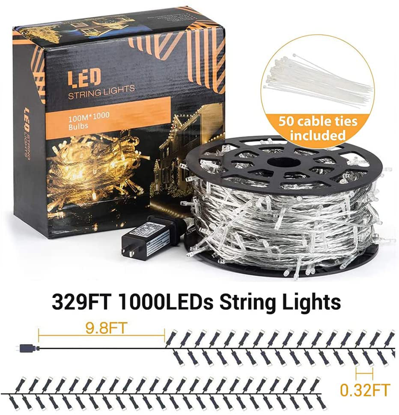 Novtech LED Christmas String Lights 329FT 1000LED Long Twinkle Fairy Lights Indoor Outdoor Xmas Decorative Lights - Plug in Decoration Lights for Christmas Tree Room Porch Valentine Day - Warm White Home & Garden > Decor > Seasonal & Holiday Decorations Novtech   