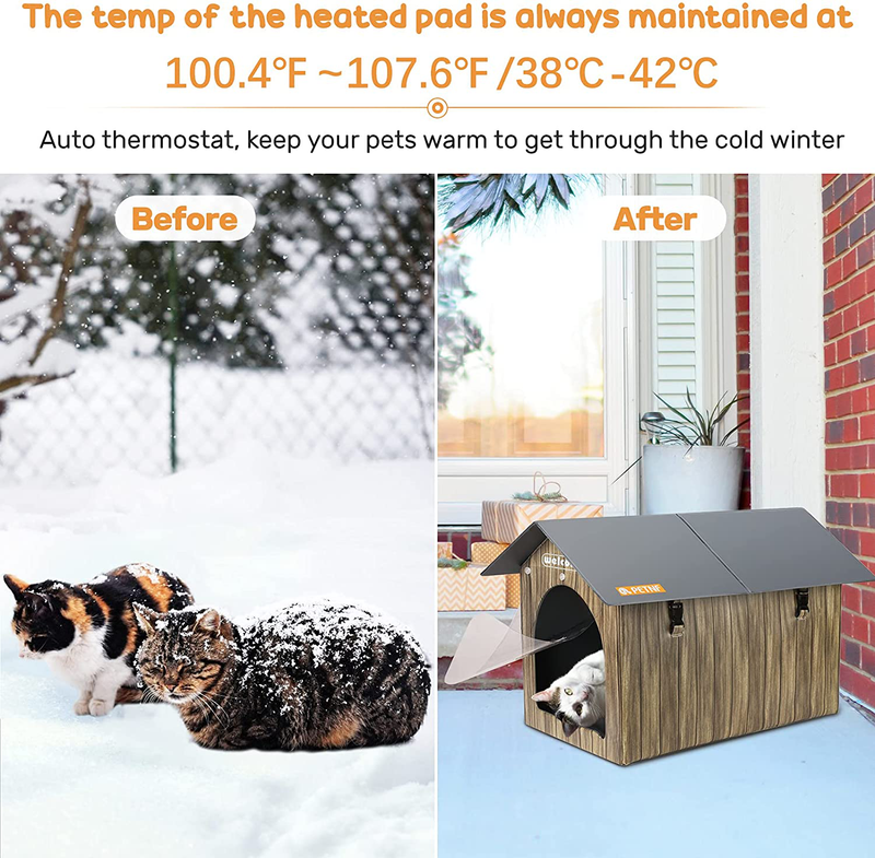 Heated Cat House, Petnf Waterproof Cat House for Indoor Outdoor Cats in Winter, 2 Doors Heated Cat Bed for outside Feral Cats with Heated Pad, Weatherproof Insulated Kitty House Outdoor Shelter