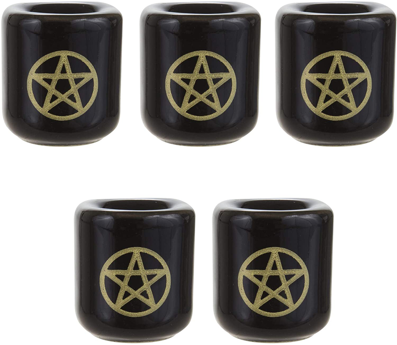 Mega Candles - 5 pcs Ceramic Silver Pentacle Chime Ritual Spell Candle Holder - Black