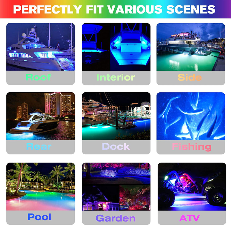 HUSUKU R1 Boat RGB Led Light 2x2000LM Underwater Marine Color Light Kit , 12V~24V, IP68 Waterproof, Wireless Grouping and Control, Auto Sync, for Yacht / Boat / Pontoon / Dock / Pool / Fishing Lights Home & Garden > Pool & Spa > Pool & Spa Accessories HUSUKU   