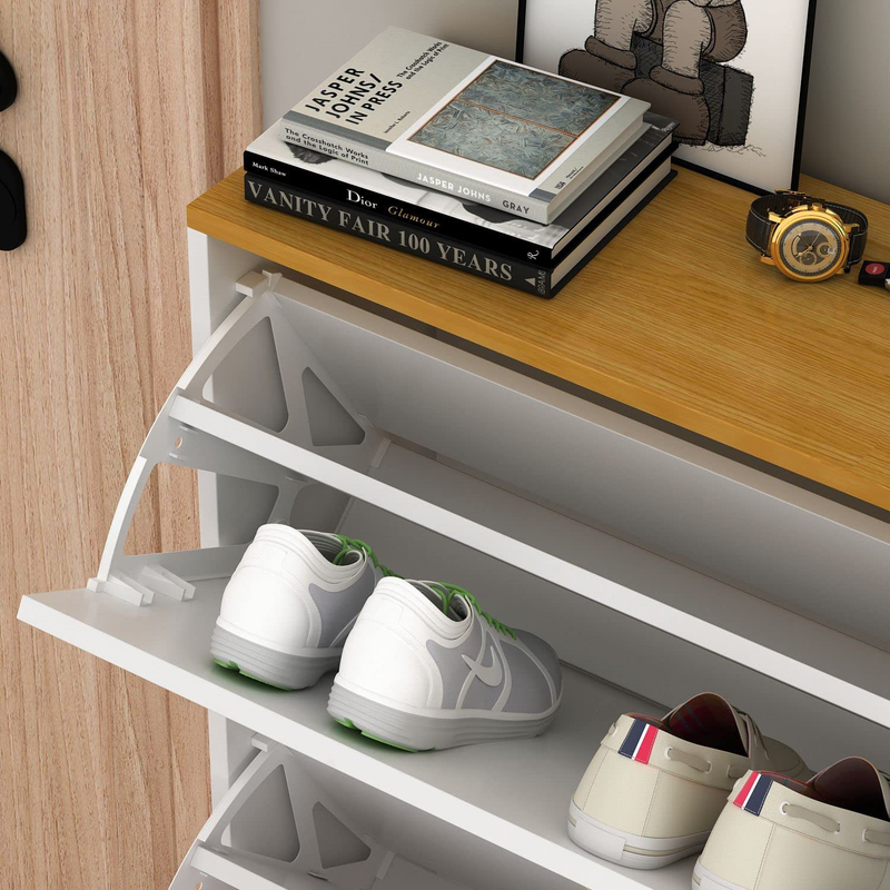 Didugo Modern Shoe Storage Cabinet with 3 Compartment & 1 Locker, Tipping Bucket Shoe Cabinet Organizer for Entryway White-Walnut (35.4”L X 9.5”W X 47.2”H) Furniture > Cabinets & Storage > Armoires & Wardrobes DiDuGo   