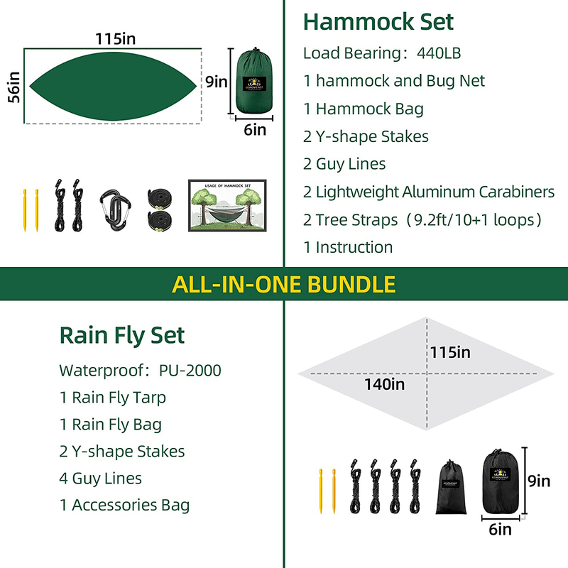 Single Double Person Camping Hammock Tent with Mosquito Netting and Rainfly Tarp - Portable Lightweight Parachute Nylon Backpacking Hammocks Set with Tree Straps, Outdoor Survival Hiking Travel, Green