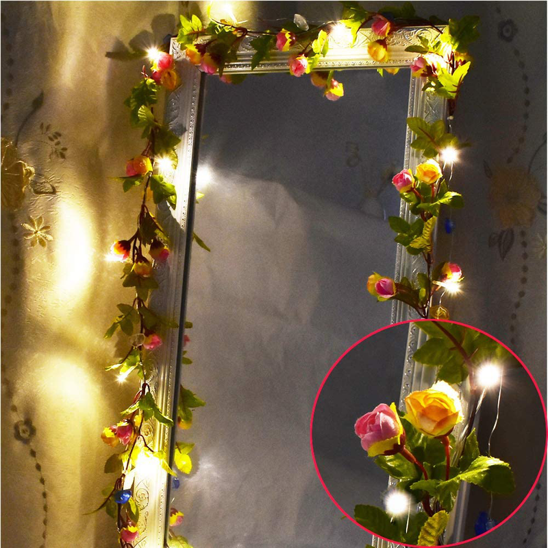 Fielegen 20LED Artificial Rose Flower Garland with Lights, Battery Operated 7.2Ft Rose Vine Fairy String Lights with 42Pcs Flowers for Valentine'S Day, Wedding Bedroom Party Wreath Decor Floral Design Home & Garden > Decor > Seasonal & Holiday Decorations Fielegen Pink  