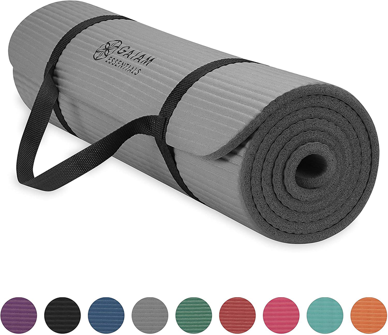 Gaiam Essentials Thick Yoga Mat Fitness & Exercise Mat with Easy-Cinch Yoga Mat Carrier Strap, 72"L x 24"W x 2/5 Inch Thick  Gaiam Grey  