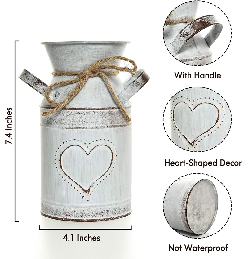 Timoo Rustic Milk Jug Vase Metal Milk Can Decor White Farmhouse Vase with Heart-Shaped for Wedding, Home, Living Room, Bathroom, Dining Table, Desk, Office, Garden Decoration Home & Garden > Decor > Vases Timoo   