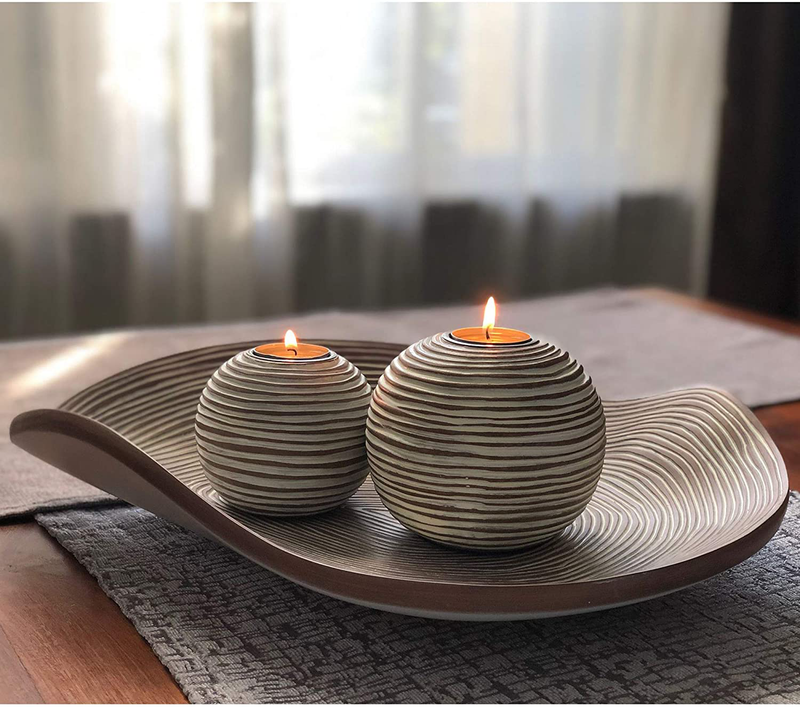 Huey House Orb Candle Holders & Tray Decor Set ( 16 inch Decorative Bowl & 2 Spheres ), Coffee Table Decor or Centerpieces for Dining Room Table or Kitchen Counter, Gift Boxed, Light Brown & White