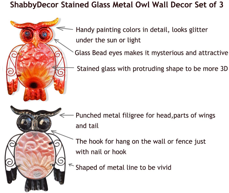 ShabbyDecor Stained Glass Metal Owl Wall Hanging Scluture for Garden,Patio,Living Room,Dining Room Wall Decor Set of 3