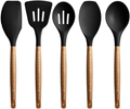 Miusco Non-Stick Silicone Cooking Utensils Set with Natural Acacia Hard Wood Handle, 5 Piece, Grey, High Heat Resistant