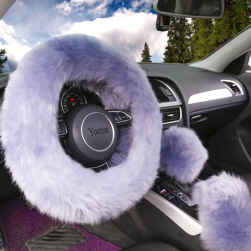 Yontree Fashion Fluffy Steering Wheel Covers for Women/Girls/Ladies Australia Pure Wool 15 Inch 1 Set 3 Pcs (Black) Vehicles & Parts > Vehicle Parts & Accessories > Vehicle Maintenance, Care & Decor > Vehicle Decor > Vehicle Steering Wheel Covers Yontree Gray Long Hair 