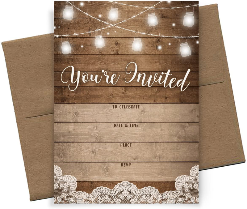 Rustic Fill-in Party Invitations, 25 Invites and Envelopes, Bridal Shower, Baby Shower, Rehearsal Dinner, Birthday Party, and Anniversary Parties Arts & Entertainment > Party & Celebration > Party Supplies > Invitations Printed Party   