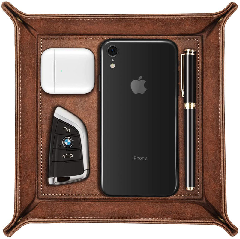 SITHON Valet Tray Desktop Storage Organizer – Premium PU Leather Catchall Tray Bedside Vanity Tray Nightstand Caddy Holder for Remote Controller, Keys, Phone, Wallet, Coin, Jewelry, Black Home & Garden > Decor > Decorative Trays SITHON Brown  