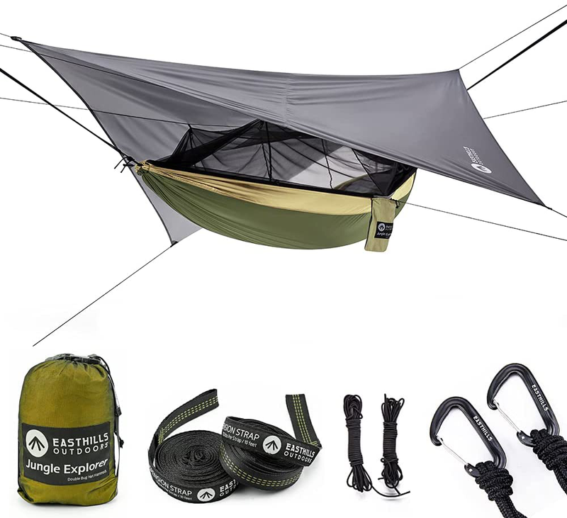 Easthills Outdoors Jungle Explorer 118" x 79" Double Camping Hammock Lightweight Ripstop Parachute Nylon 2 Person Hammocks with Removable Bug Net, Tree Straps and Tarp Gray Home & Garden > Lawn & Garden > Outdoor Living > Hammocks Easthills Inc. Khaki With Rainfly  
