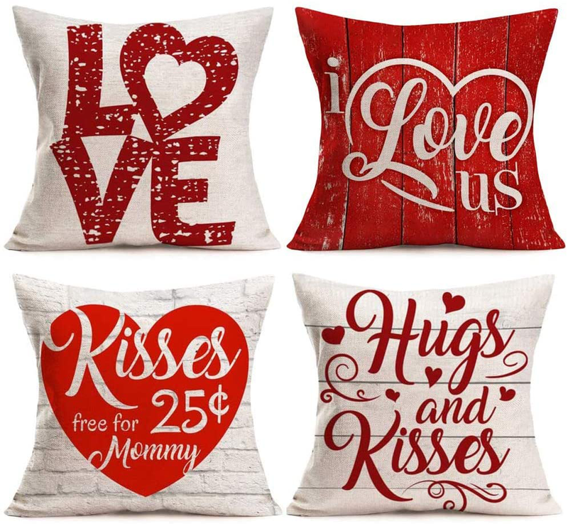 Gulidi Pack of 4 Valentines Day Pillow Covers 24X24 Inch Rustic Wood Home Decor Red White Sweet Love Heart Quote Saying Cotton Linen Throw Pillow Case Cushion Cover Valentine Mothers Day Decorations Home & Garden > Decor > Chair & Sofa Cushions Gulidi G001 20'' x 20'' 
