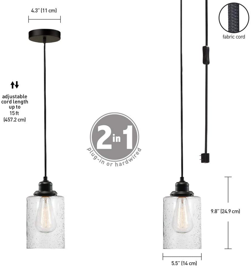 Globe Electric 60542 Annecy 1-Light Plug-In or Hardwire Pendant Light, Dark Bronze, Seeded Glass Shade, 15ft Black Fabric Cord, In-Line On/Off Switch Home & Garden > Lighting > Lighting Fixtures Globe Electric   
