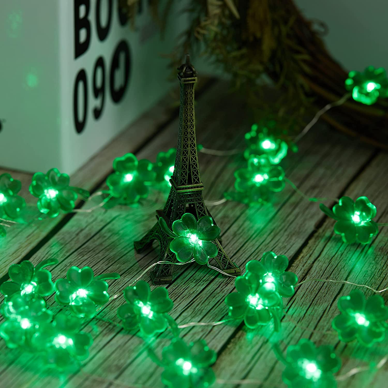 HOOJO 10 FT St Patricks Day Lights, 40 LED Shamrock Lights, Copper Wire Battery Operated Fairy Lucky Clover String Lights with 8 Modes Remote for Bedroom, Party, Feast, St. Patrick'S Day Decorations