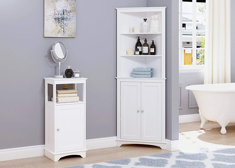 Spirich Home Tall Corner Cabinet with Two Doors and Three Tier Shelves, Free Standing Corner Storage Cabinet for Bathroom, Kitchen, Living Room or Bedroom, White