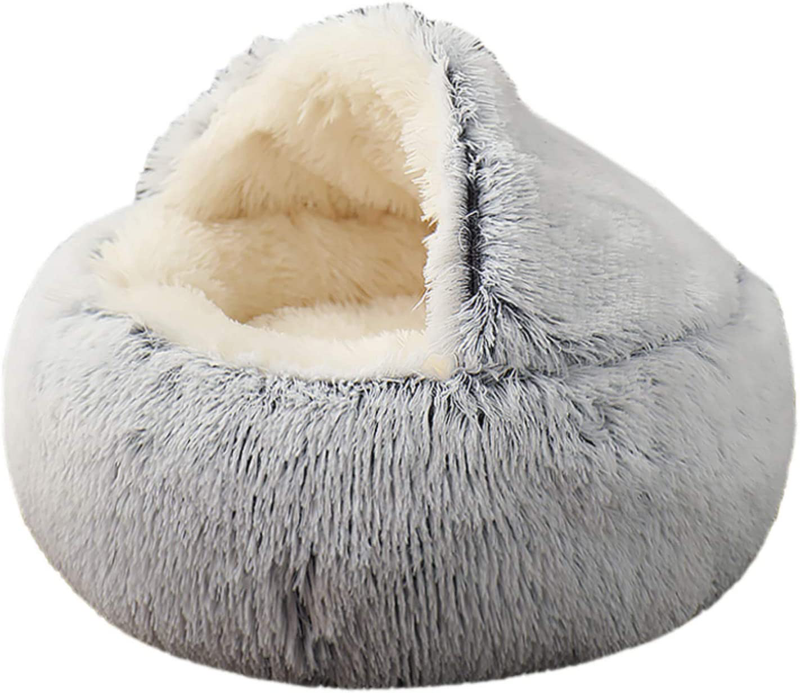 KWEWIK Cat Bed round Soft Plush Burrowing Cave Hooded Cat Bed Donut for Dogs & Cats, Faux Fur Cuddler round Comfortable Self Warming Pet Bed, Machine Washable, Waterproof Bottom