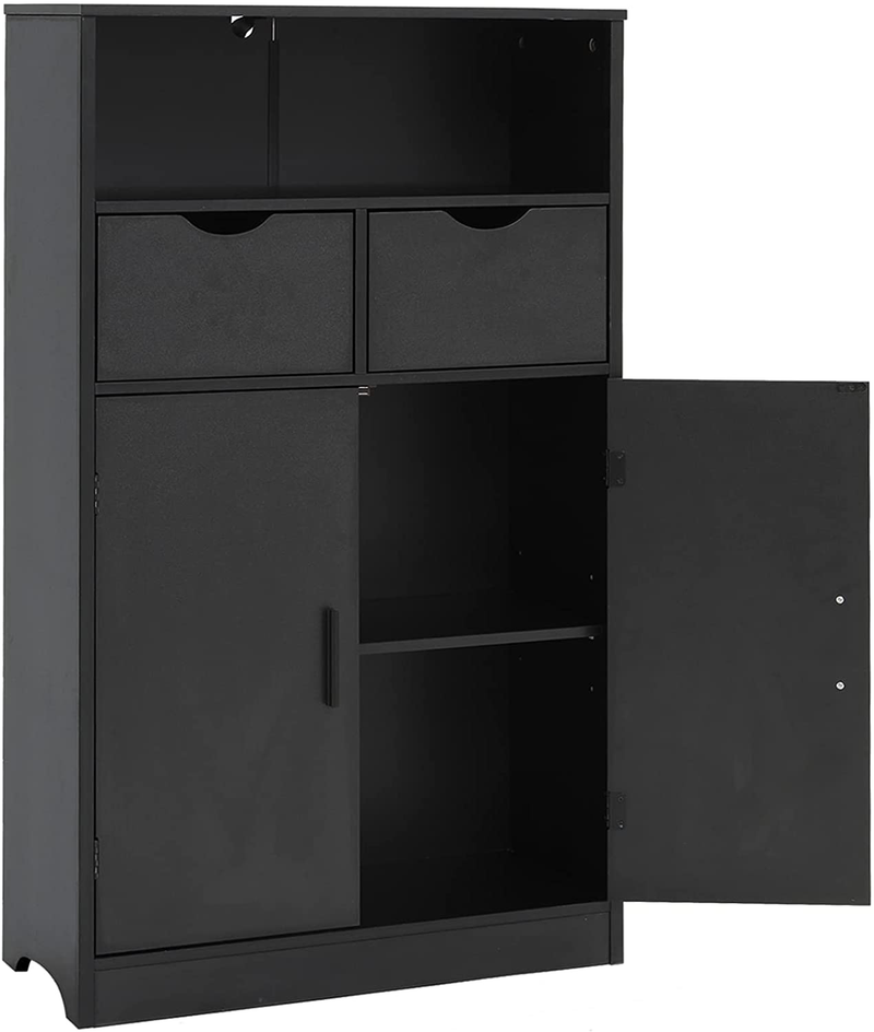 IWELL Large Storage Cabinet with Adjustable 2 Drawers & 2 Shelves, Bathroom Storage Cabinet with Doors for Living Room, Bedroom, Kitchen, Home Office, Grey Home & Garden > Kitchen & Dining > Food Storage Iwell Traditional Black  