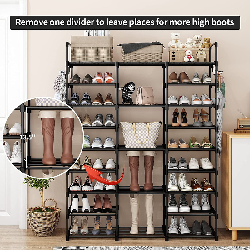 Finew 9 Tier Shoe Rack Shoe Organizer Shelf, Shoe Storage Rack for Entryway, 50-55 Pairs Shoe and Boots Shoe Organizer Tower Durable Black Metal Stackable Shoe Cabinet with Hooks, Hammer