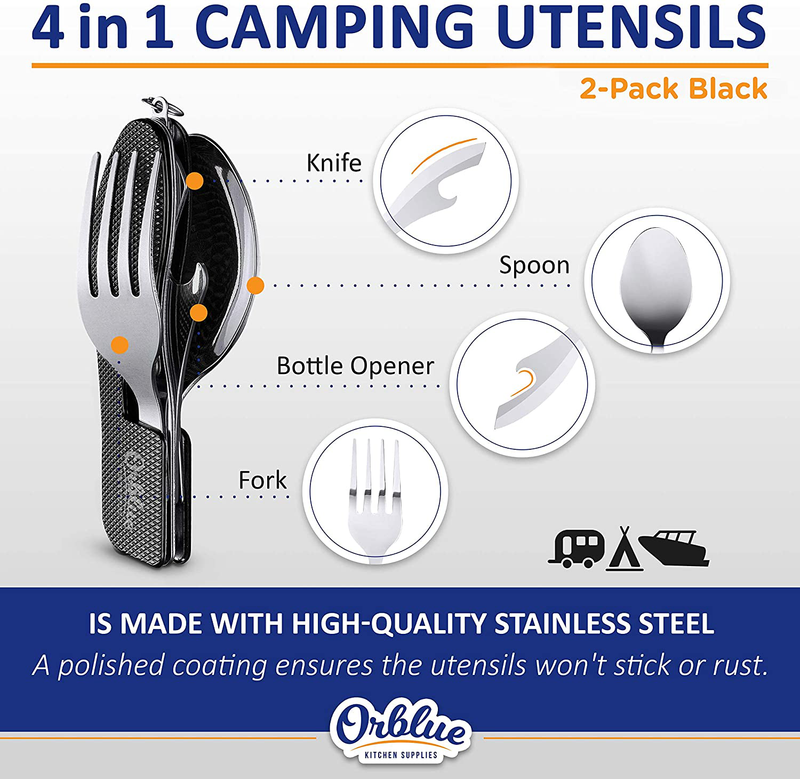 Orblue 4-In-1 Camping Utensils, 2-Pack, Portable Stainless Steel Spoon, Fork, Knife & Bottle Opener Combo Set - Travel, Backpacking Cutlery Multitool Sporting Goods > Outdoor Recreation > Camping & Hiking > Camping Tools Orblue   