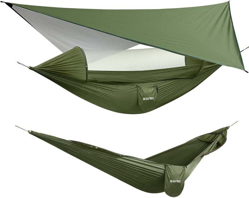 G4Free Large Camping Hammock with Mosquito Net and Rain Fly- 2 Person Portable Hammock with Bug Net and Tent Tarp , Hammock Tent for Outdoor Hiking Camping Backpacking Travel Sporting Goods > Outdoor Recreation > Camping & Hiking > Mosquito Nets & Insect Screens G4Free Army Green Large 