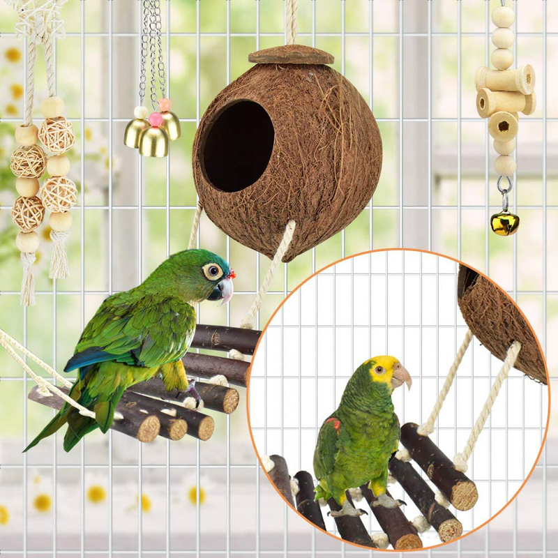 KATUMO Bird Toys, Natural Wood Coconut Bird House with Ladder Hanging Swing Pet Climbing Rotated Ladder Chewing Bells Bird Toys for Parakeet, Conure, Cockatiel, Mynah, Love Birds, Finch Animals & Pet Supplies > Pet Supplies > Bird Supplies > Bird Toys KATUMO   