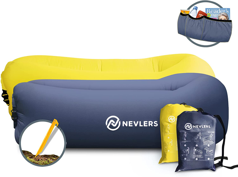 Nevlers 2 Pack Inflatable Loungers with Side Pockets and Matching Travel Bag - Blue & Green - Waterproof and Portable - Great and Easy to Take to the Beach, Park, Pool, and as Camping Accessories Sporting Goods > Outdoor Recreation > Camping & Hiking > Camp Furniture Nevlers Dark Blue Jeans/Yellow  