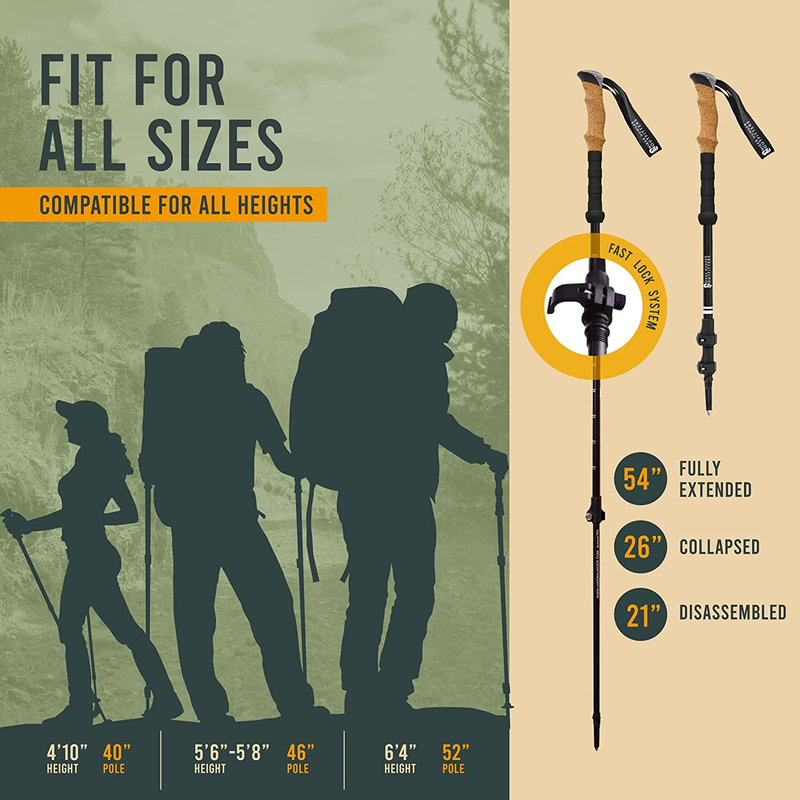 Hiker Hunger Collapsible Hiking Poles (Full Set) - All Season Trekking Accessories - Lightweight Aluminum Alloy, Adjustable, W/ Cork Grip - Camping, Backpacking, Nordic Walking Sticks for Men & Women