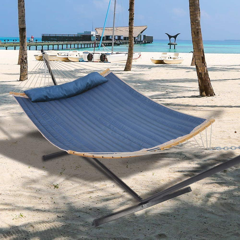 Patio Watcher 11 Feet Quilted Fabric Hammock with Curved-Bar Bamboo and Detachable Pillow, Double Hammock Perfect forOutside Outdoor Patio Yard Beach, Dark Blue Home & Garden > Lawn & Garden > Outdoor Living > Hammocks U-PHA   