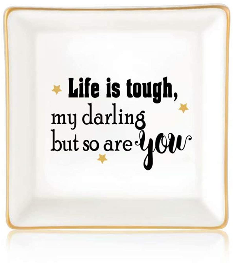 Gifts for Women Girls, Ceramic Ring Dish Decorative Trinket Plate Initial Jewelry Tray Dish, Mothers Day Valentines Gifts for Her Grandma Mom Daughter Sister Friend Birthday Home & Garden > Decor > Decorative Trays Giftjews Life is tough,my darling but so are you  